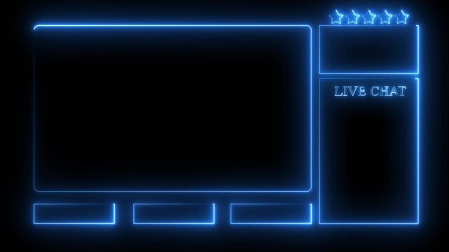 Neon blue gaming overlay frame for live streaming on social media platforms featuring a chat box with stars and glowing border lines on a dark background for professional video content creators