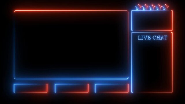 Neon glowing live stream overlay frame with red and blue light lines on a dark background for gaming channel video broadcast with space for chat and social media icons in a modern digital style