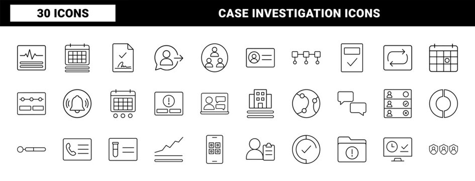 Contact tracing workflow line icon set. Vector pictograms of healthcare, epidemiology, case management, and medical monitoring elements, thin linear illustration.