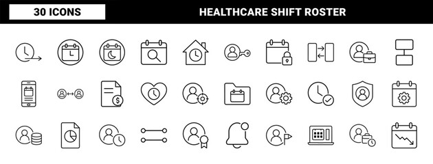 Naklejka premium Caregiver shift planning line icon set. Vector pictograms of medical staffing, healthcare roster, employee scheduling, and workforce management elements, thin linear illustration.