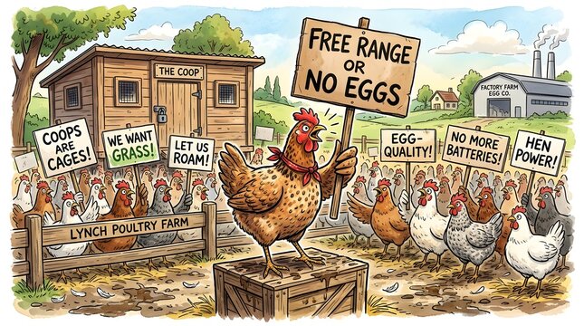 Cartoon chickens protesting for free range on a farm with signs