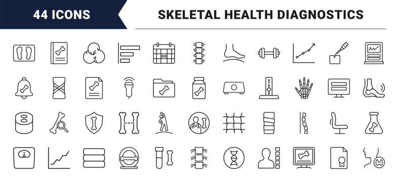 Bone health screening line icon set. Vector pictograms of medical diagnostics, densitometry testing, skeletal health, and orthopedic care elements, thin linear illustration.
