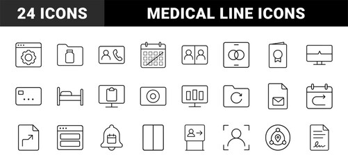Fototapeta premium Medical telehealth line icon set. Vector pictograms of patient intake, appointment scheduling, clinical workflow, and digital health platform elements, thin linear illustration.
