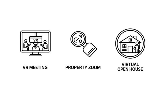 Set of virtual reality meeting property zoom and open house icons with property magnifying building collaboration communication technology interface architecture exploration residential