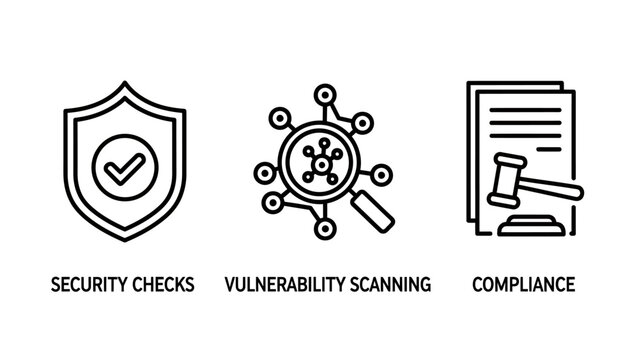 Set of cybersecurity and compliance line icons featuring security shield checkmark network vulnerability scanning magnifier legal documentation with gavel security compliance vulnerability