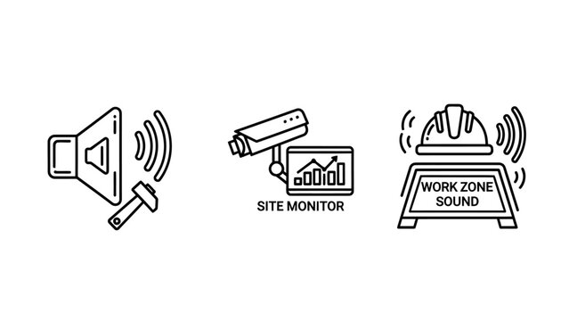 Set of industrial site monitoring icons featuring sound wave speaker surveillance camera with data chart work zone noise alert symbol surveillance construction industrial security analysis