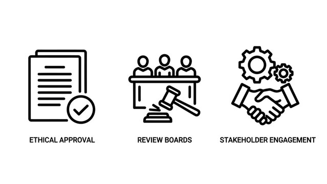 Ethical approval review board and stakeholder engagement process icons with approval stakeholder engagement agreement business corporate partnership compliance cooperation consensus decision