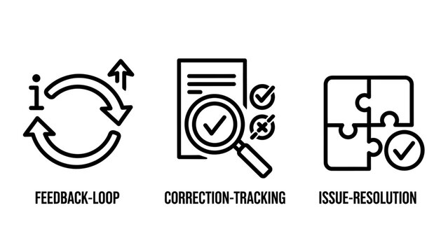 Feedback correction tracking and issue resolution icons set for software quality assurance and project management with feedback correction tracking resolution software assurance management