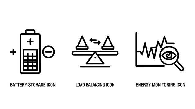Technical icons for battery storage load balancing and energy monitoring with balancing monitoring electricity management technology infrastructure efficiency consumption analysis engineering