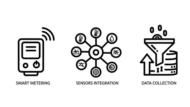 Smart metering sensor integration data collection icons with smart home metering integration collection illustration wireless internet technology monitoring analysis information database