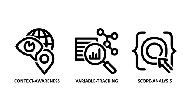 Context awareness variable tracking scope analysis icons with awareness variable tracking analysis illustration location magnifying molecules programming brackets technology business