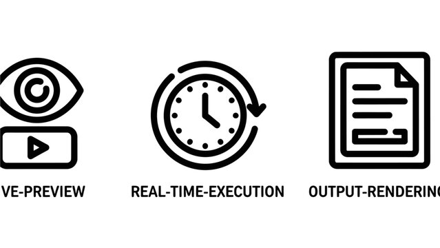 Live preview real time execution and output rendering icons with execution rendering technology software performance document computer efficiency optimization development management