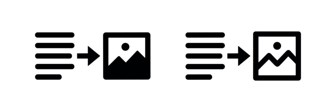 Text to image conversion icon set. Content embedding and AI generation symbol.