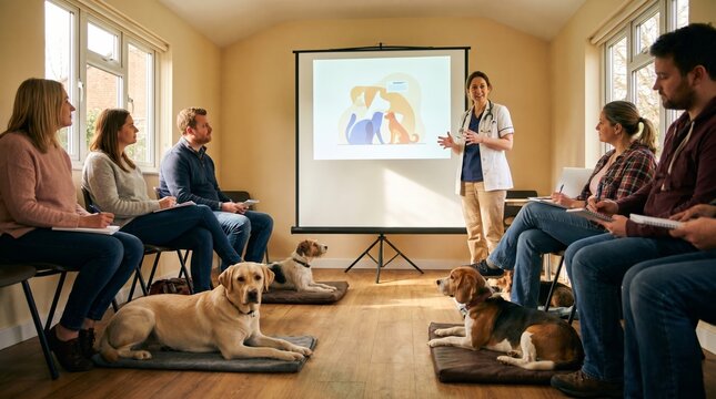 Female veterinarian presenting a dog training seminar to a group of attendees seated on chairs with dogs resting on mats in a well-lit indoor space