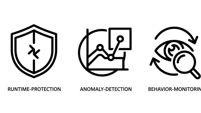 Data security analysis icons representing runtime protection anomaly detection and behavior monitoring with security protection detection behavior monitoring analysis magnifying information