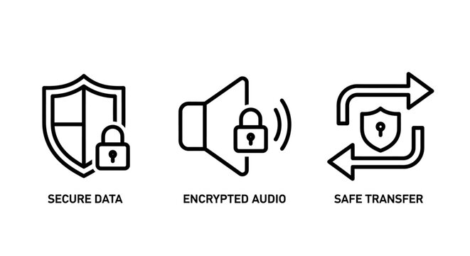 Data security and protection icons set featuring secure data encryption and safe information transfer symbols security encryption transfer protection information connectivity protocol database