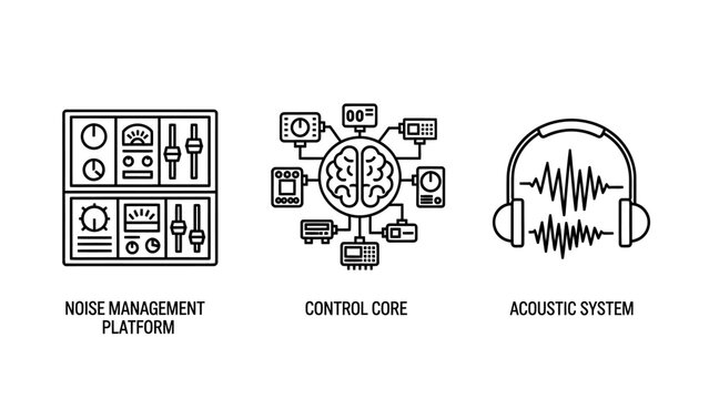 Audio noise management and acoustic control system line icons with management acoustic platform frequency technology processing engineering electronics equipment technical spectrum software