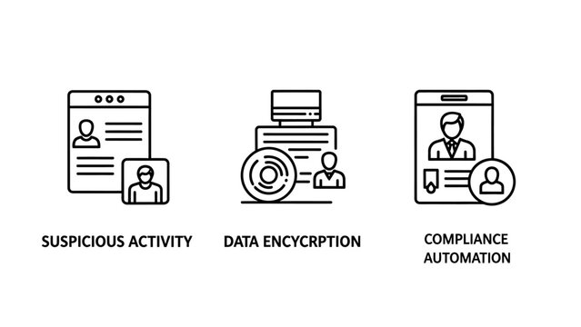 Data security compliance and suspicious activity monitoring line icons with security compliance automation suspicious activity encryption information protection identity internet technology