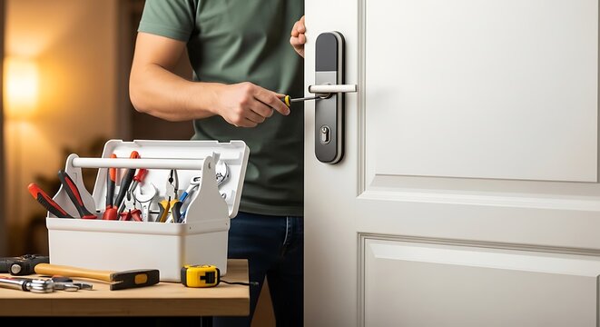 A man using a screwdriver to install or repair a smart electronic door lock on a white door with a toolbox and various tools on a wooden table