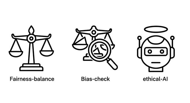 Ai ethics and fairness icons: balance scale magnifying glass robot head with AI ethics artificial intelligence AI ethics fairness technology illustration decision governance transparency