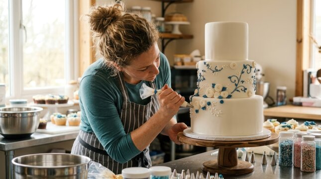 A woman decorating a wedding cake in a kitchen.