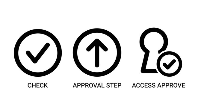Workflow icons: check mark approval step access key with workflow approval illustration business management confirmation verification security permission authorization completed progress