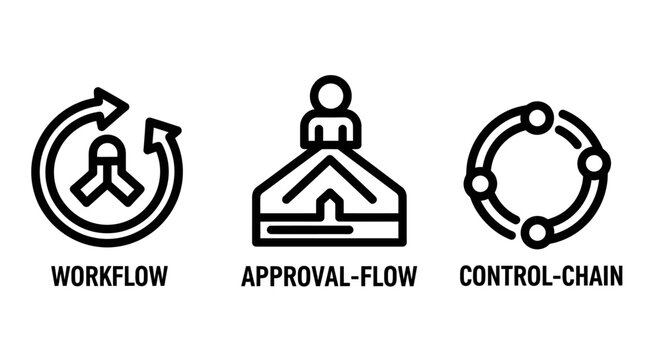Business workflow and approval flow icon set featuring control chain process graphics workflow approval management business structure corporate development efficiency operation flowchart