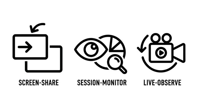 Screen sharing and session monitoring icon set for live observation with monitoring observation tracking analysis technology interface management business feedback software application