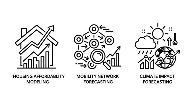 Set of three conceptual icons for data forecasting including housing affordability mobility network climate impact analysis forecasting analysis affordability mobility business planning