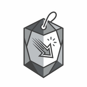 Geometric 3D price tag with reduction arrow.