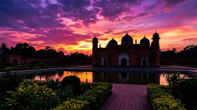 Lalbagh fort mosque at sunset in dhaka, bangladesh, featuring stunning purple and orange sky reflections in the water pond