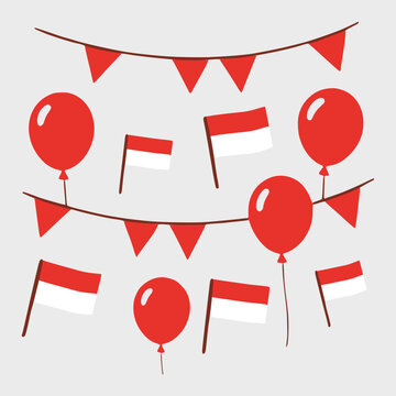 A festive graphic illustration featuring Indonesian national flags, red balloons, and triangle bunting banners, perfect for creating decorative themes for Indonesia Independence Day celebrations.