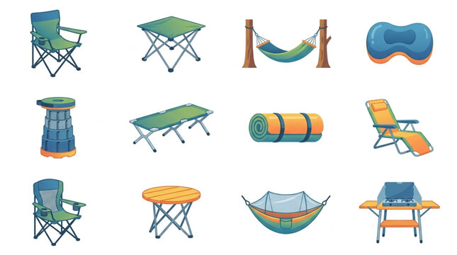 Collection of Camping Furniture and Gear Icons.