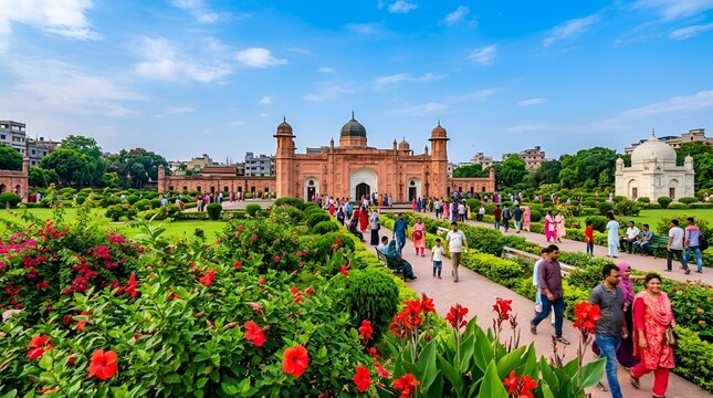 Lalbagh fort in dhaka, bangladesh, a historic 17thcentury mughal palace complex with lush gardens and visitors walking on paths