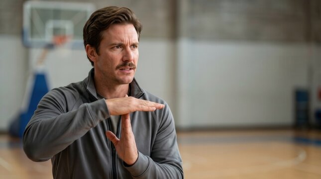 Coach making a timeout hand signal on a basketball court