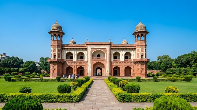Tomb of akbar the great in sikandra, agra, india, a stunning example of mughal architecture surrounded by lush green gardens