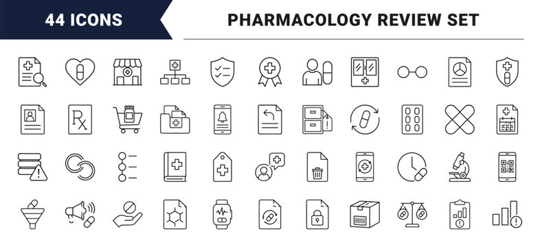 Medication interaction review line icon set. Vector pictograms of pharmacology, patient safety, clinical contraindication, and drug warning elements, thin linear illustration.