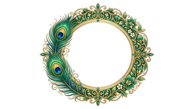 Ornate circular frame design featuring vibrant peacock feathers integrated with intricate gold flourishes and emerald green floral patterns creating a luxurious 