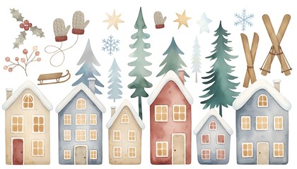 Naklejka premium Christmas Clip Art Watercolor White Background Watercolor Winter Village Houses With Pine Trees And Holiday Elements For Festive Seasonal Design