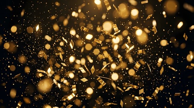 Golden confetti and bokeh lights on black background celebration texture