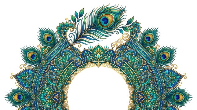 Beautiful peacock feather arrangement forming a decorative semi circle frame with intricate gold and teal paisley patterns and ornate flourishes on a clean white background 