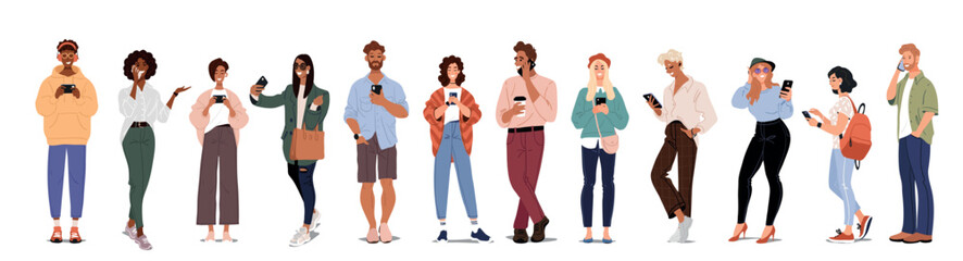 Fototapeta premium Group of diverse people standing and using smartphones isolated on white background. Mobile communication and social media usage concept. Flat vector illustration set.