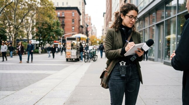 A woman in a green jacket and glasses standing on a city street, taking notes with a microphone and a notepad.