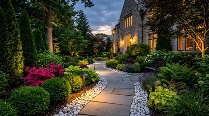 Fototapeta premium Lush garden pathway leads to stone manor house at dusk