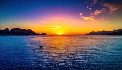 Obraz premium Vibrant sunset over the ocean with silhouetted islands and colorful sky.