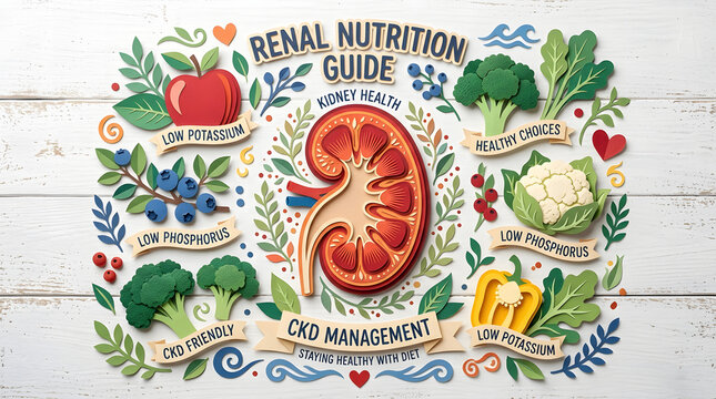Renal Nutrition Organ Health Choices Paper Cut Art Kidney Healthy Food Flat Lay on Wood Background