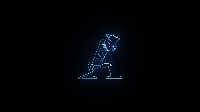 Animated letter A neon blue light with rose floral outline motion graphics on black background footage