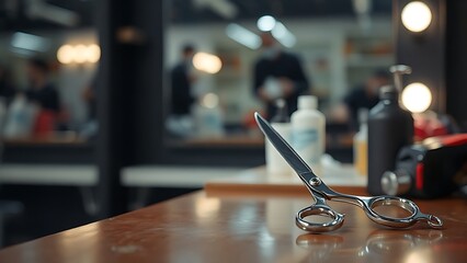 Fototapeta premium razor. A barber shop scene with scissors on the counter, reflecting the precision of the craft. pitch deck slides, case study pages, designed for brand storytelling and e-commerce strategy.