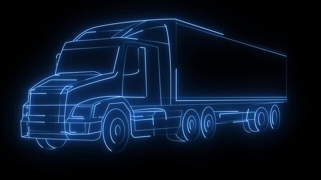 Neon blue outline of a large semi truck trailer vehicle showing the glowing digital wireframe construction design isolated on a dark black background for modern transportation and logistics concepts