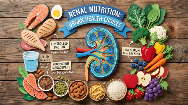 Renal Nutrition Organ Health Choices Paper Cut Art Kidney Healthy Food Flat Lay on Wood Background